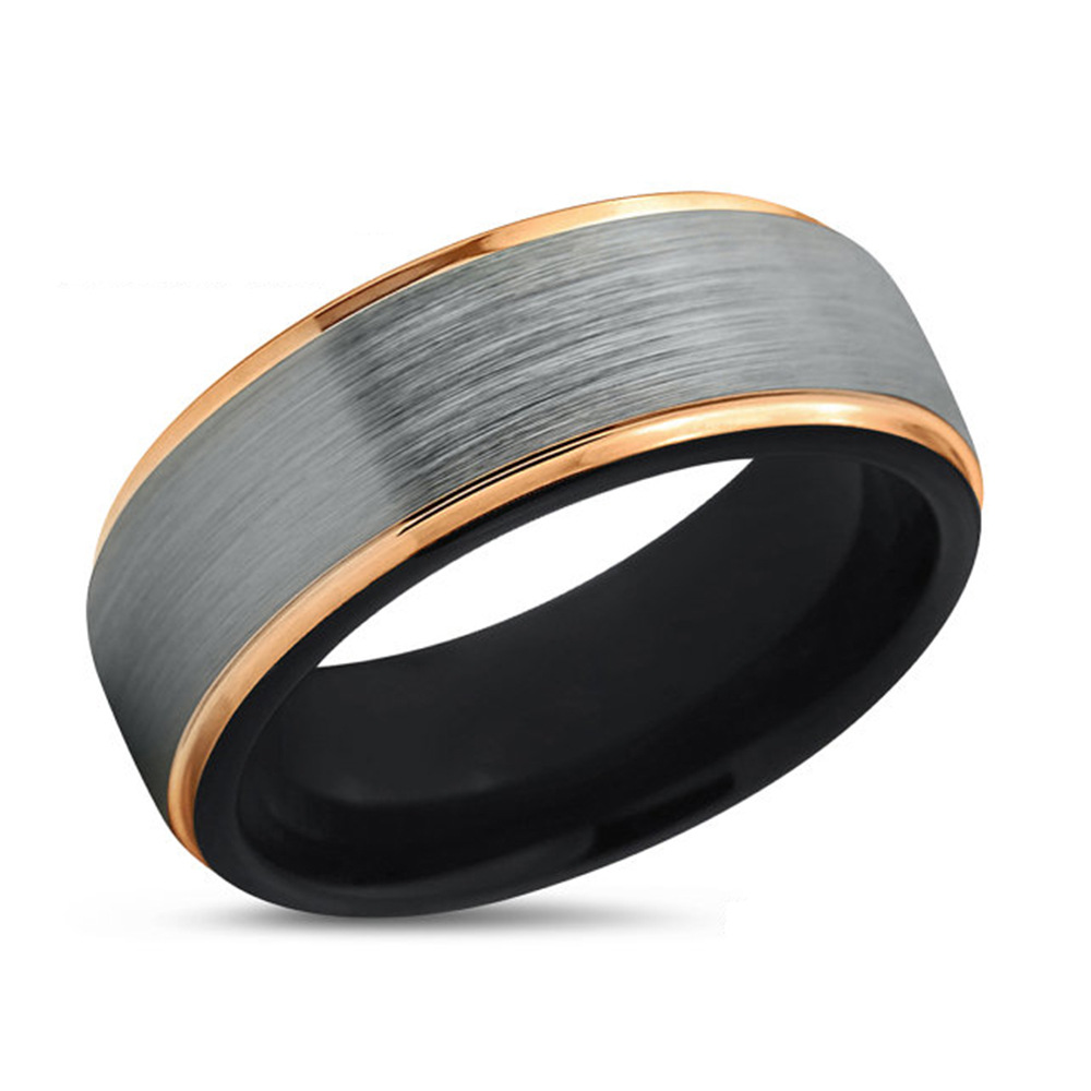 8mm brushed gray band with gold-tone borders and a black interior in gray, black and gold-tone, on a white background.
