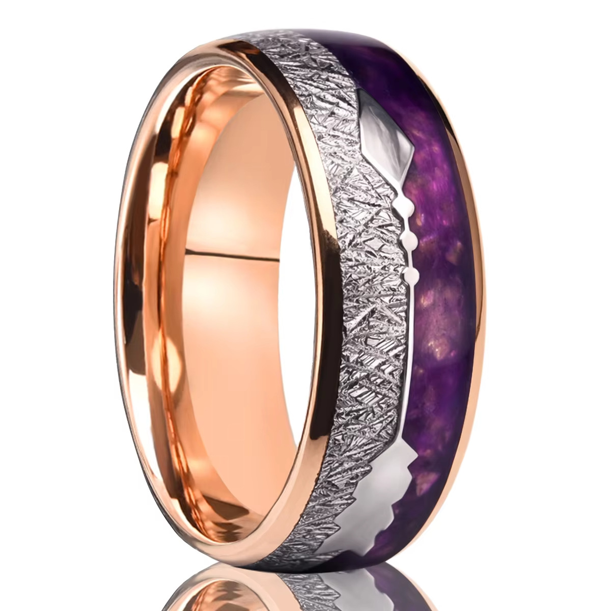 8mm rose-tone band with textured gray and violet inlay strips in rose-gold-tone, silver-tone and violet, on a white background.