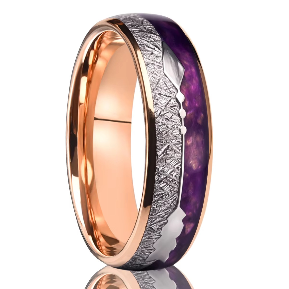 6mm rose-tone band with textured gray and violet inlay strips in rose-gold-tone, silver-tone and violet, on a white background.