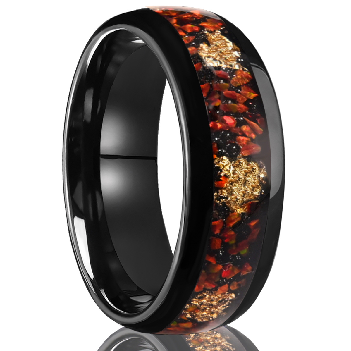 8mm polished black band with a red and gold-tone fragment-pattern inlay in black with red and gold-tone fragments, on a white background.