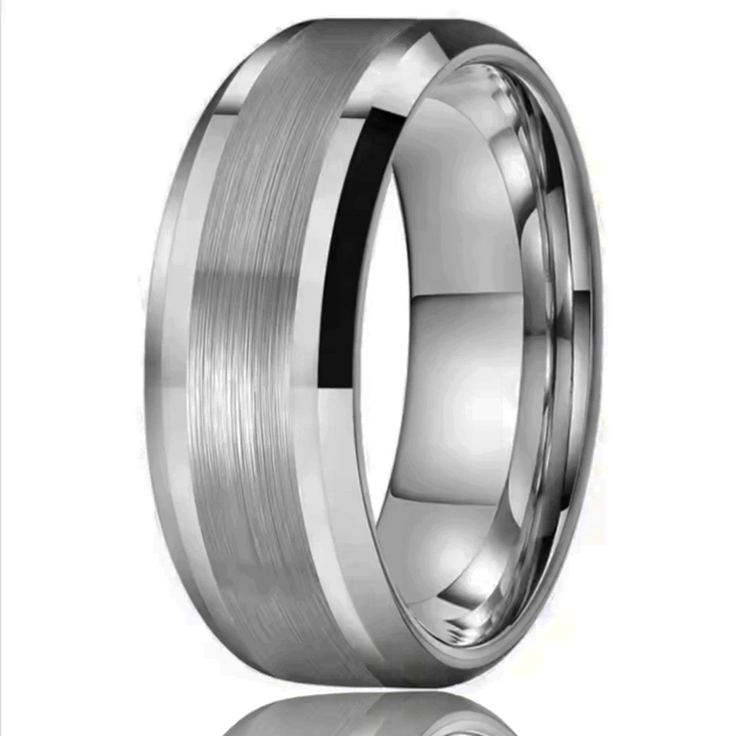8mm wide brushed band with polished beveled edges in silver-tone, on a white background.