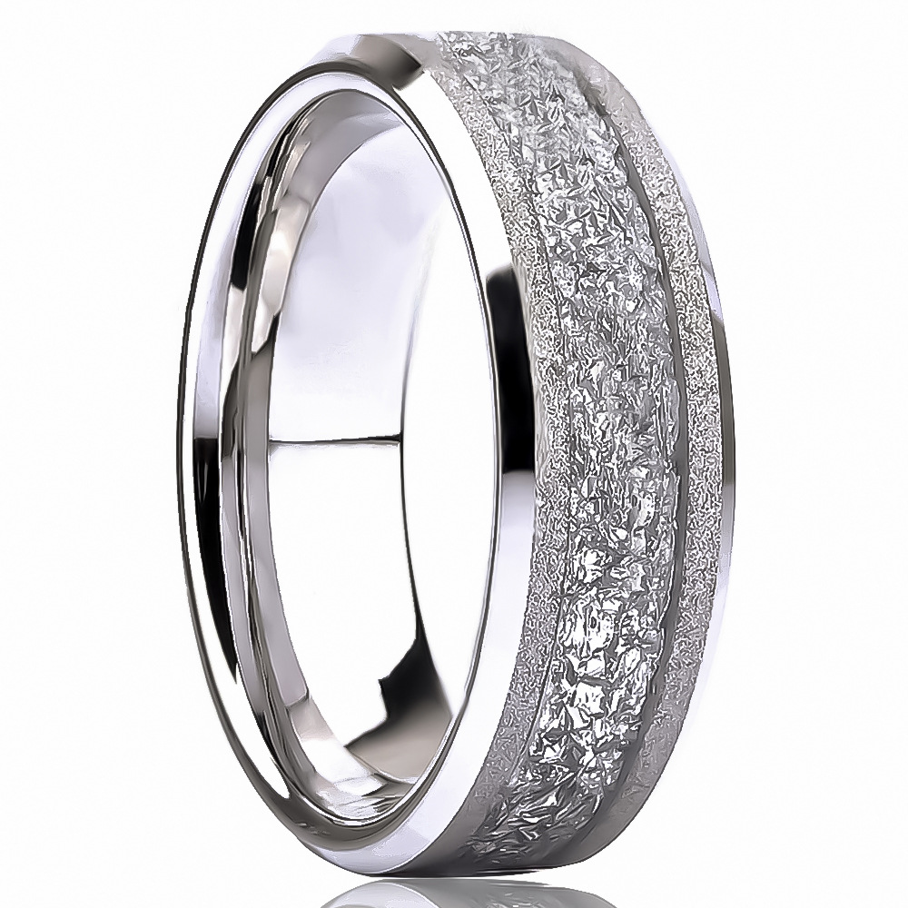 8mm wide band with a textured center channel and polished borders in silver-tone, on a white background.