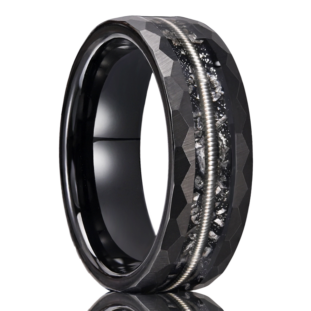8mm black faceted band with a ridged silver-tone line through a textured inlay in black and silver-tone, on a white background.