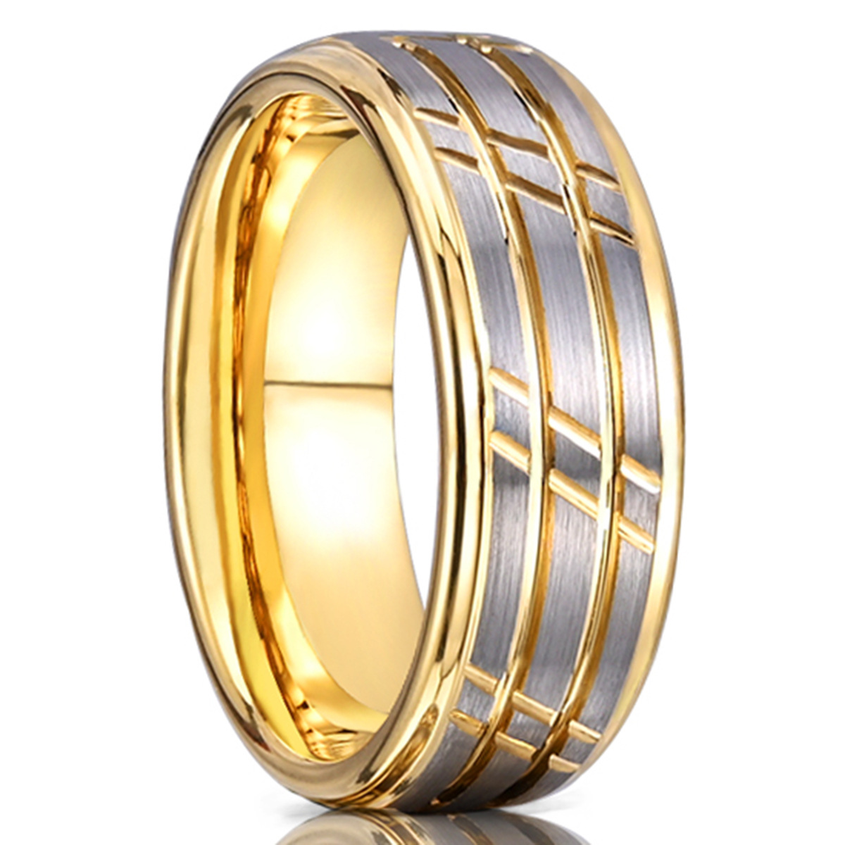 8mm brushed band with a polished gold-tone grid pattern in silver-tone and gold-tone, on a white background.