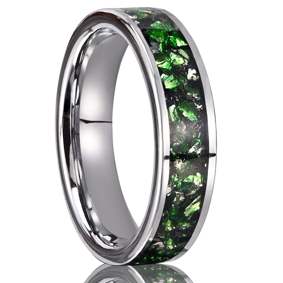 6mm polished band with a dark green reflective center channel in silver-tone with green inlay, on a white background.