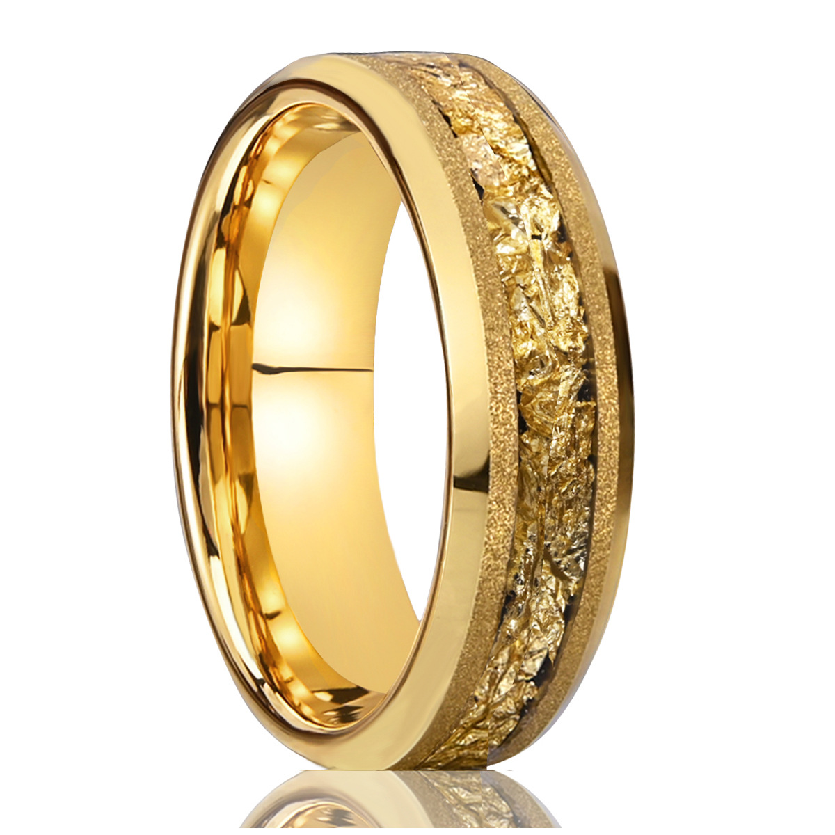 8mm gold-tone band with a granular center channel and polished borders in gold-tone, on a white background.