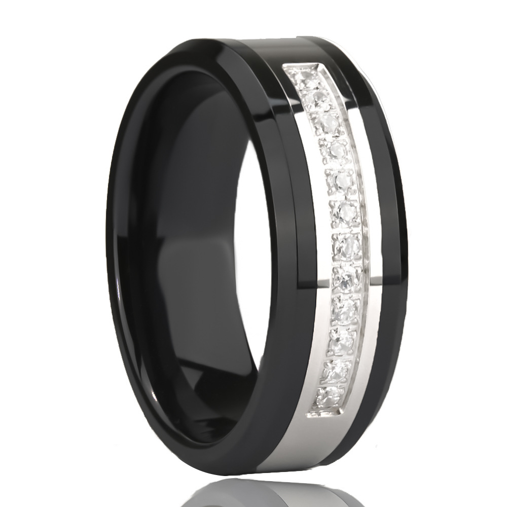 8mm black band with a silver-tone stripe and clear accents in black and silver-tone with clear accents, on a white background.