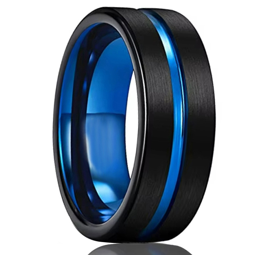 8mm brushed black band with blue edging and a blue interior in black and blue, on a white background.