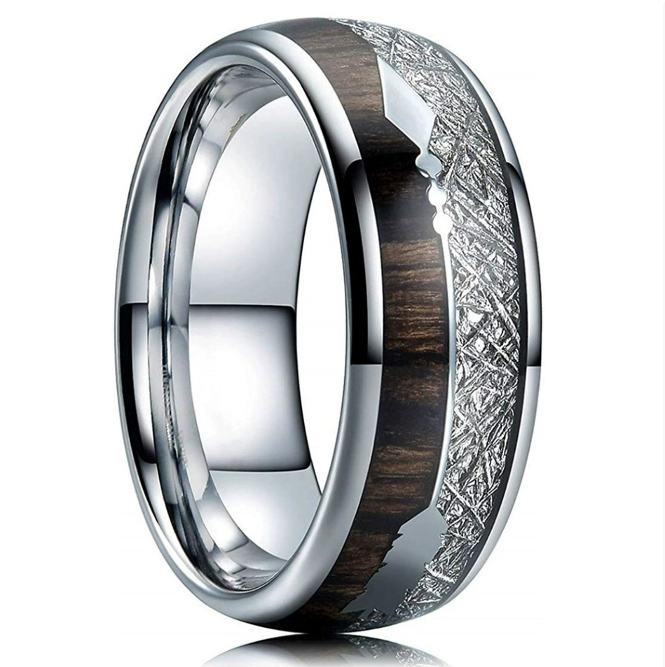 8mm polished band with adjacent wood-grain and textured gray inlays in silver-tone with brown and gray inlay, on a white background.