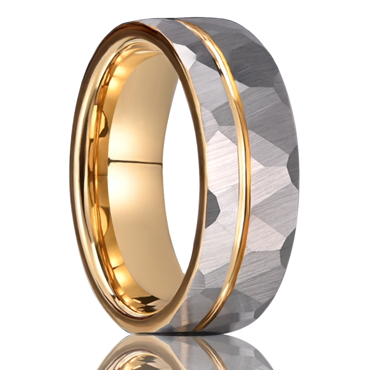 8mm faceted gray band with a narrow gold-tone line and interior in gray and gold-tone, on a white background.