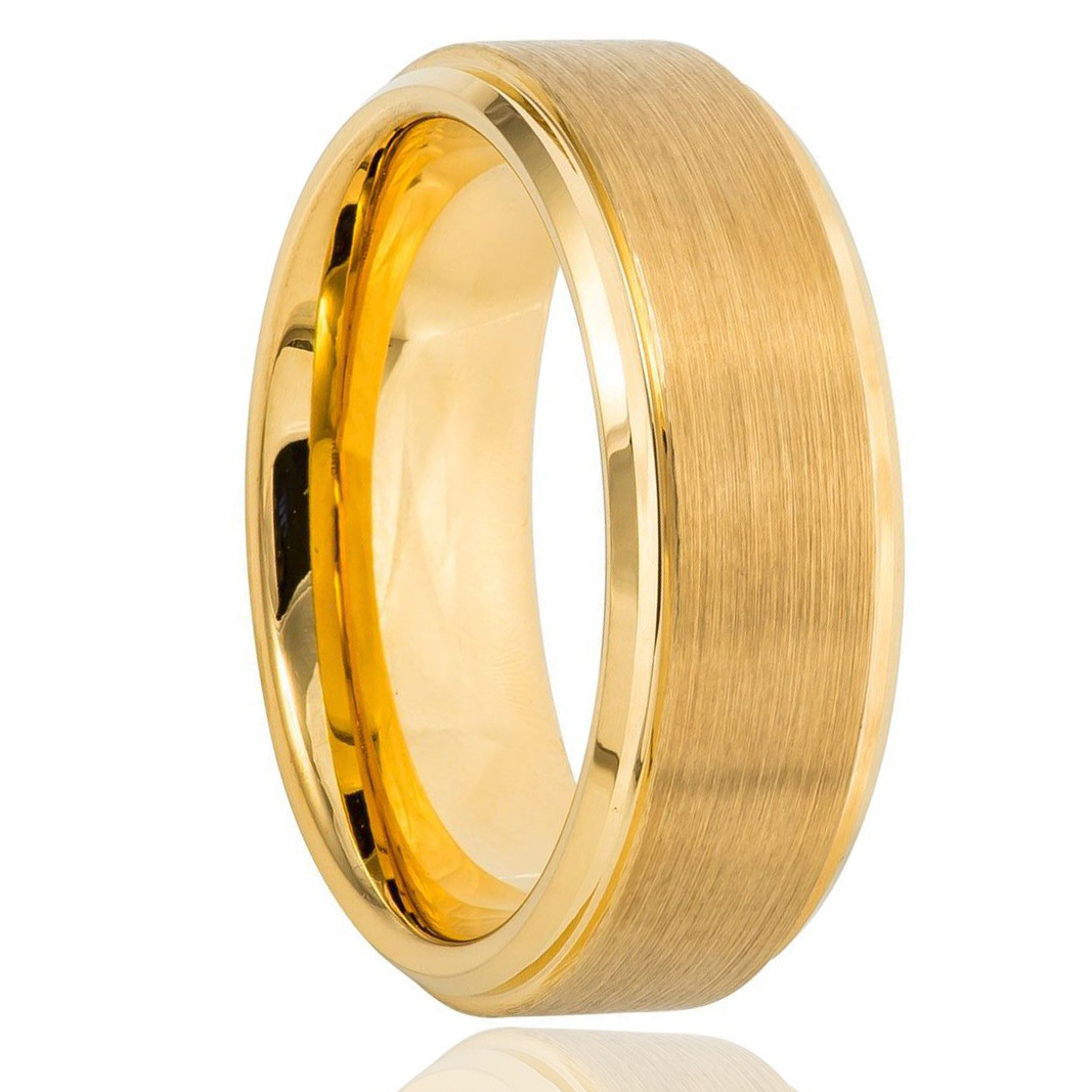 8mm brushed gold-tone band with polished stepped edges in gold-tone, on a white background.