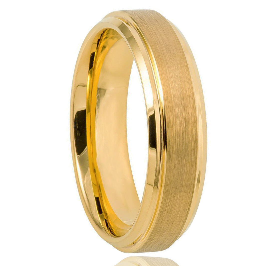 6mm brushed gold-tone band with polished stepped edges in gold-tone, on a white background.