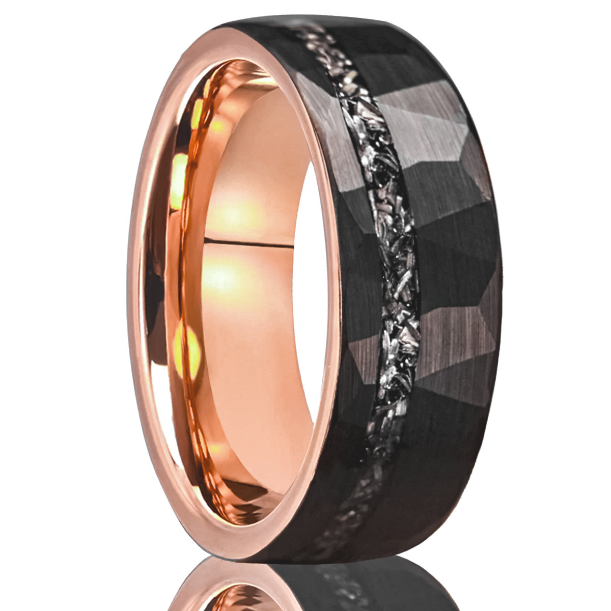 8mm dark faceted band with a textured gray channel and rose-tone interior in black and rose-gold-tone with gray inlay, on a white background.