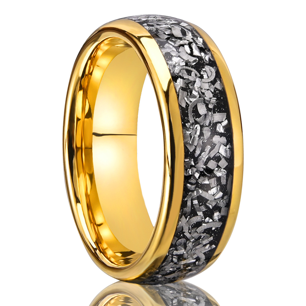 8mm gold-tone bordered band with a dark fragment-pattern center in gold-tone with dark and silver-tone fragments, on a white background.