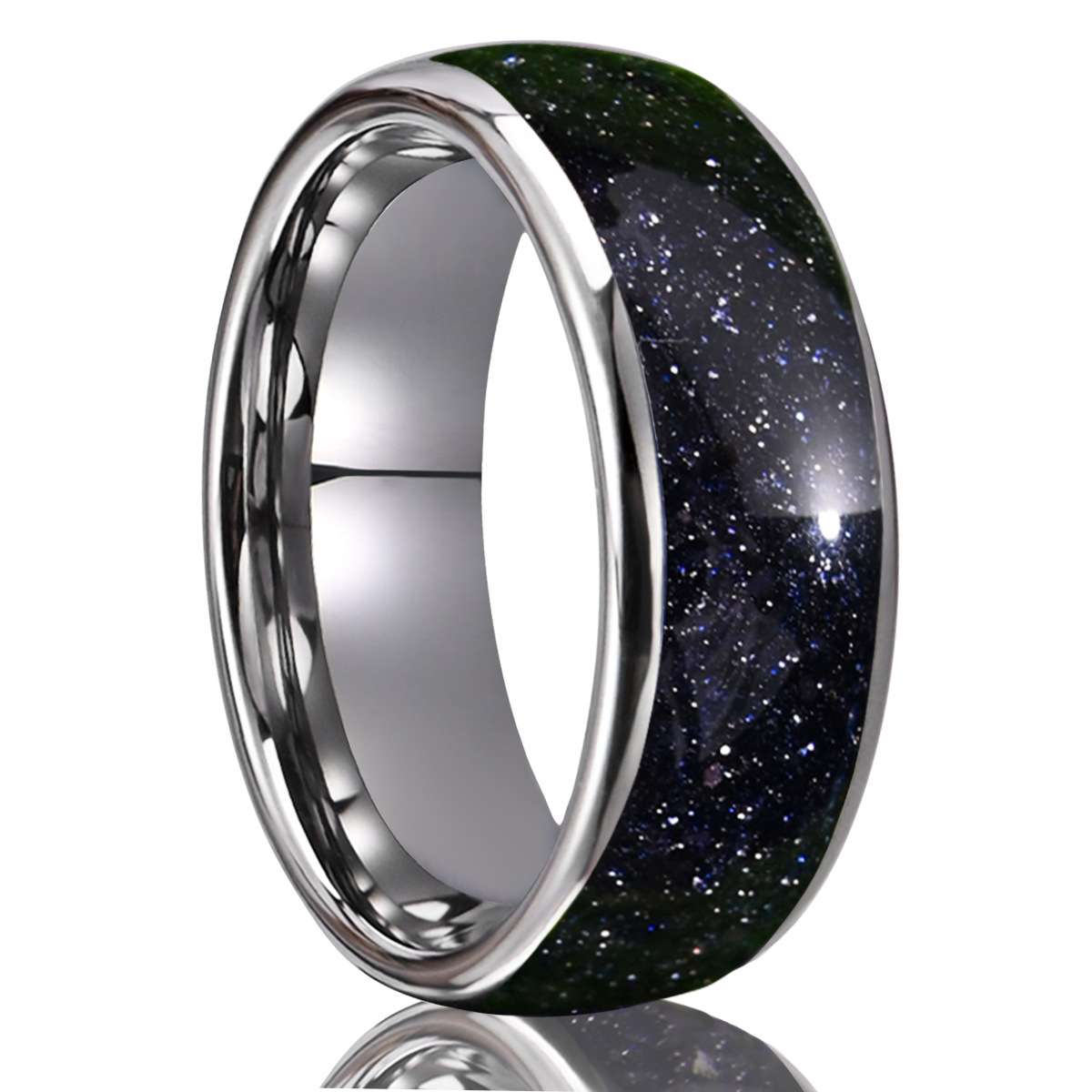 8mm domed band with a dark blue speckled center surface in silver-tone with a dark blue shimmering inlay, on a white background.
