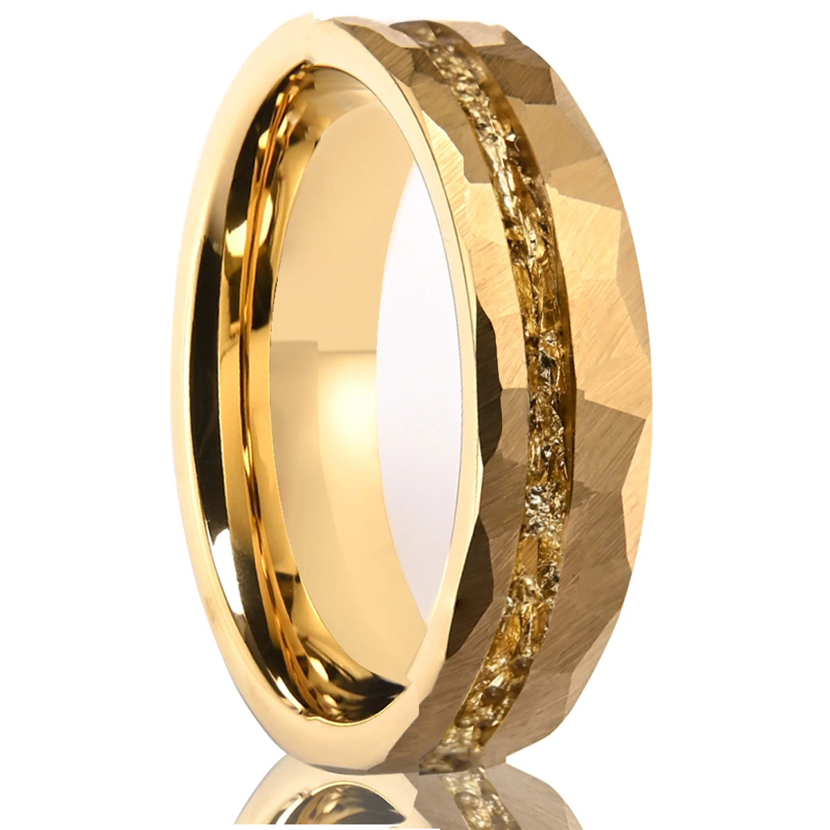 6mm faceted band with a textured center channel in gold-tone, on a white background.