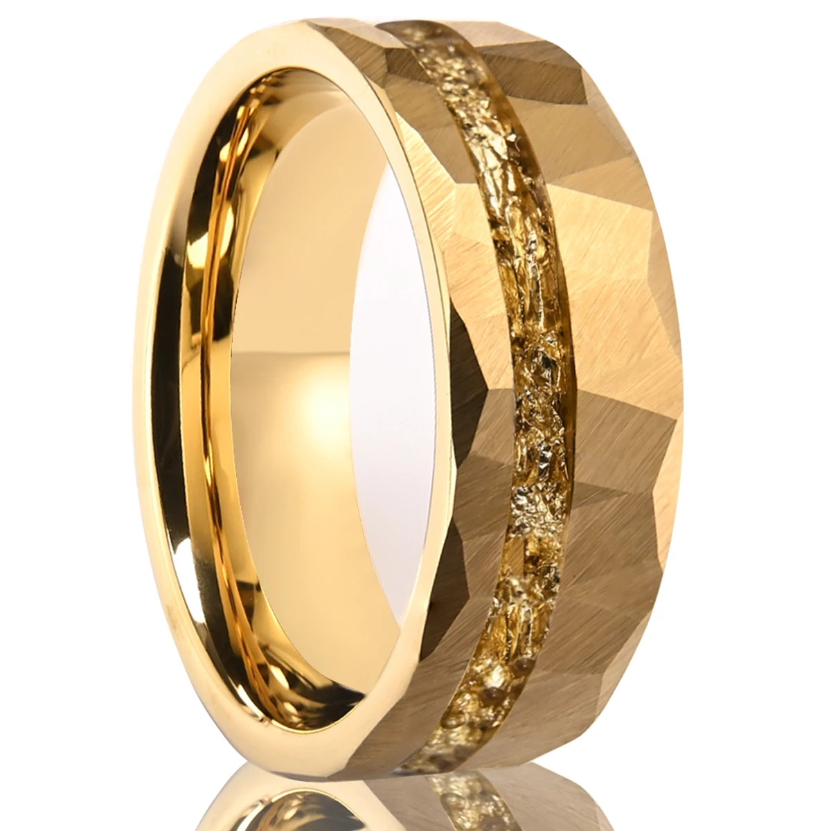 8mm faceted band with a textured center channel in gold-tone, on a white background.
