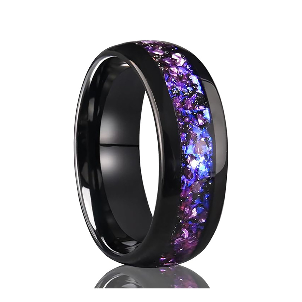 8mm polished black band with a violet and blue reflective inlay in black with violet and blue inlay, on a white background.