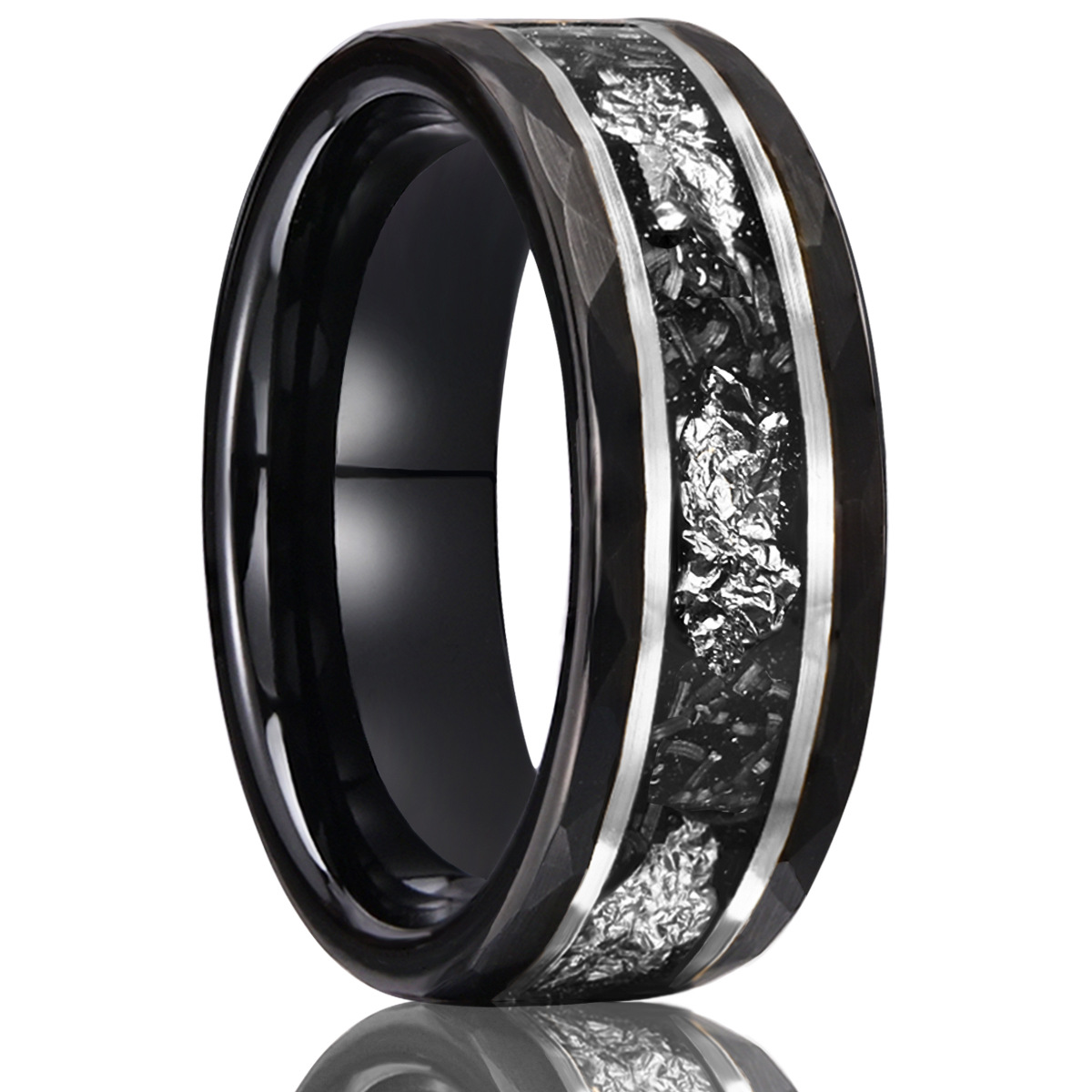 8mm black band with silver-tone borders and a fragment-pattern inlay in black and silver-tone, on a white background.