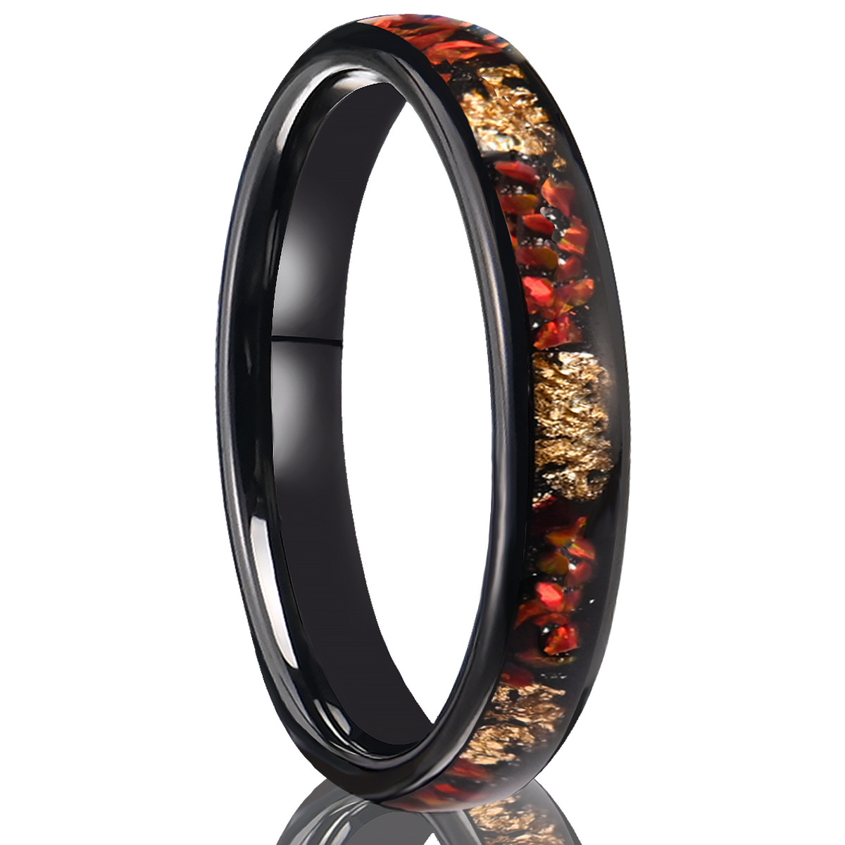 4mm slim polished black band with a red and gold-tone fragment-pattern inlay in black with red and gold-tone fragments, on a white background.