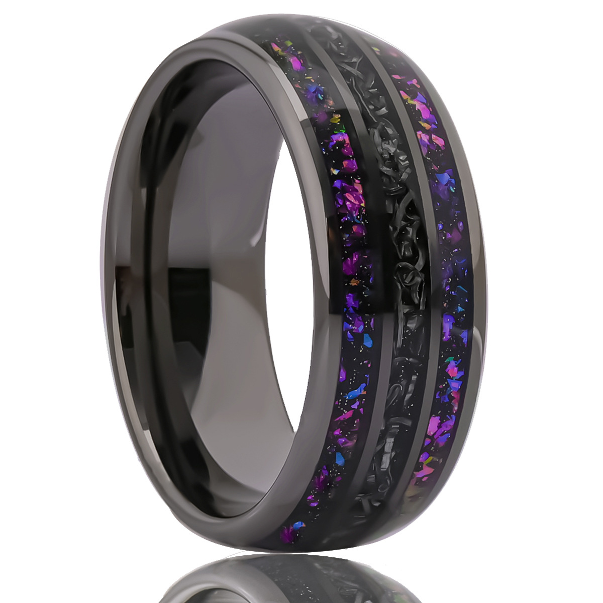 8mm domed dark band with a textured center and violet side channels in gunmetal-tone with violet and dark inlays, on a white background.