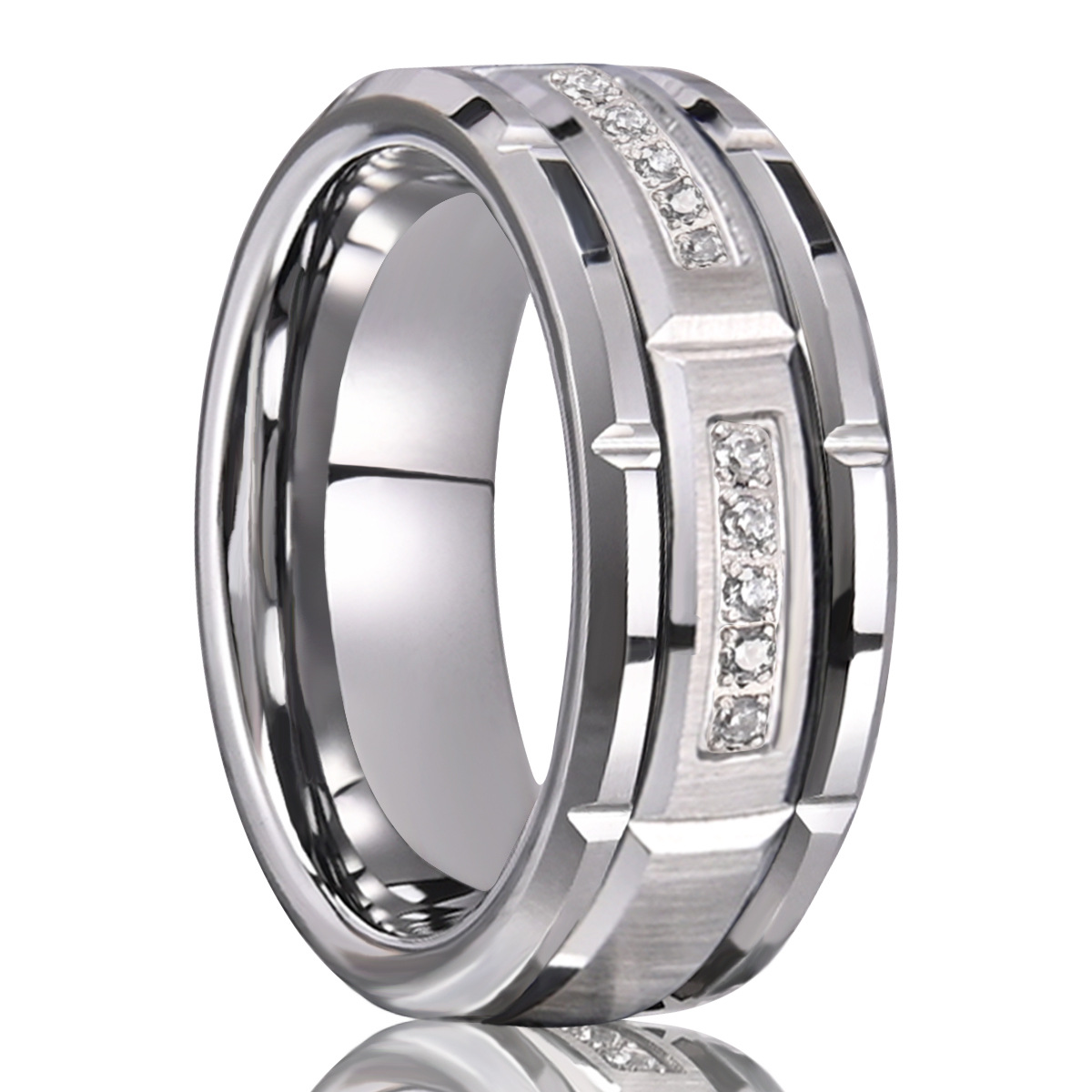 8mm segmented band with recessed rows of small clear accents in silver-tone with clear accents, on a white background.