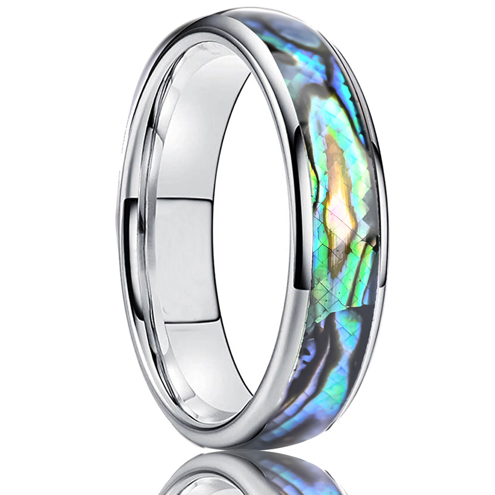 6mm polished band with an iridescent mosaic-pattern center in silver-tone with multicolored iridescent inlay, on a white background.
