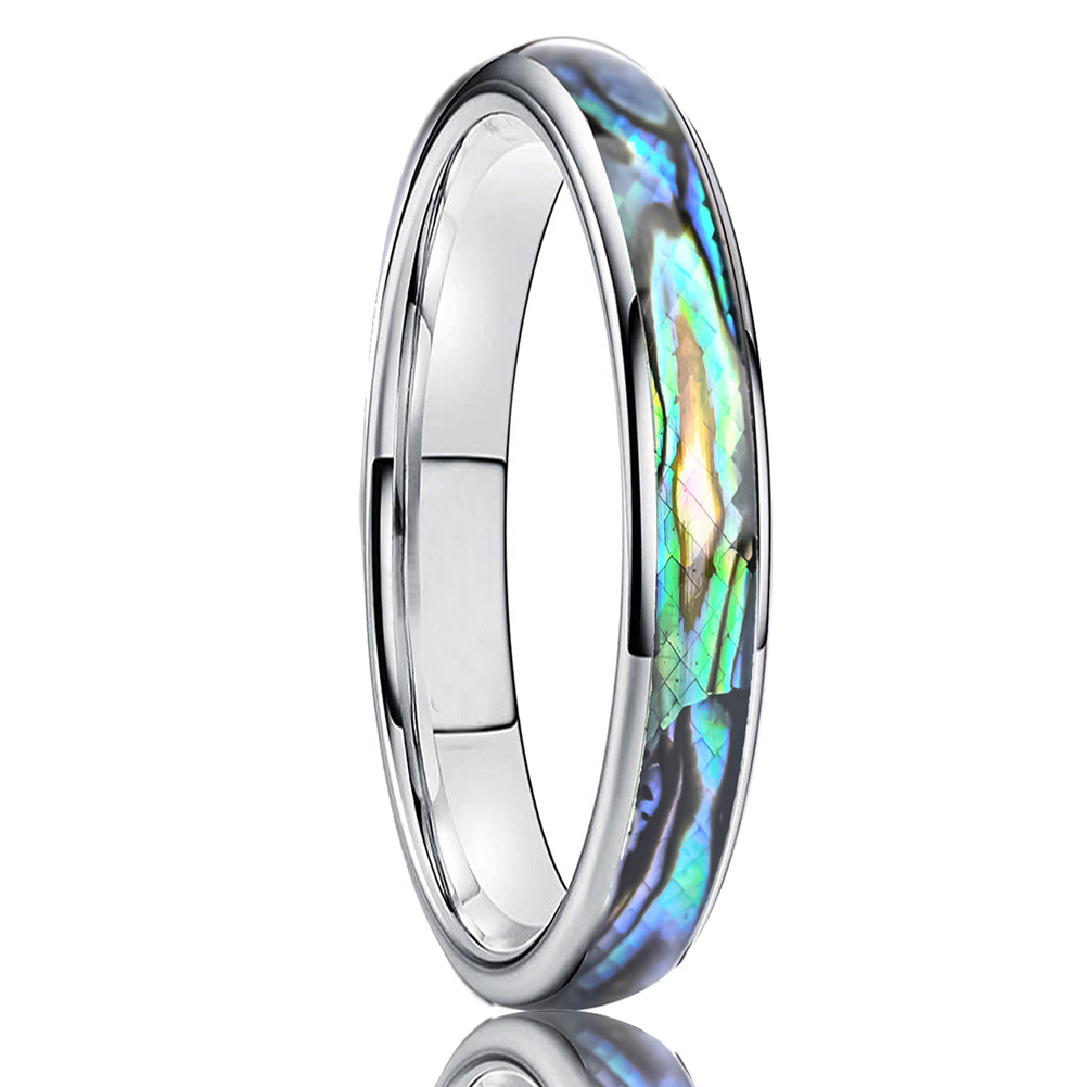4mm slim polished band with an iridescent mosaic-pattern center in silver-tone with multicolored iridescent inlay, on a white background.