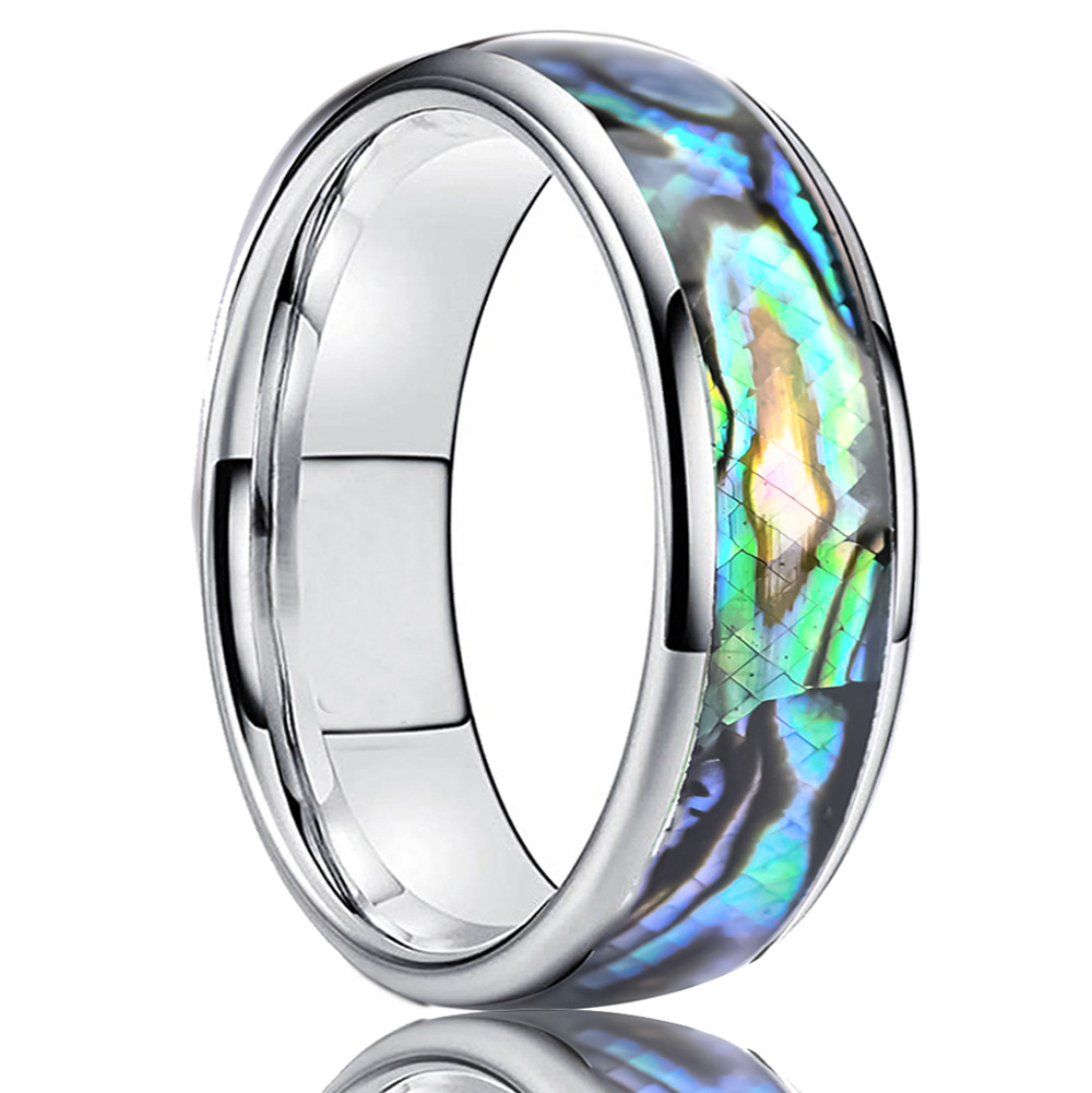 8mm polished band with an iridescent mosaic-pattern center in silver-tone with multicolored iridescent inlay, on a white background.