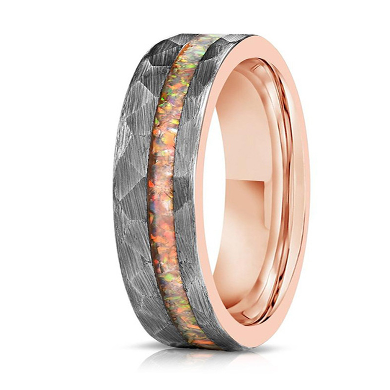 6mm hammered band with a narrow multicolored inlay and rose-tone interior in dark gray and rose-gold-tone with multicolored inlay, on a white background.