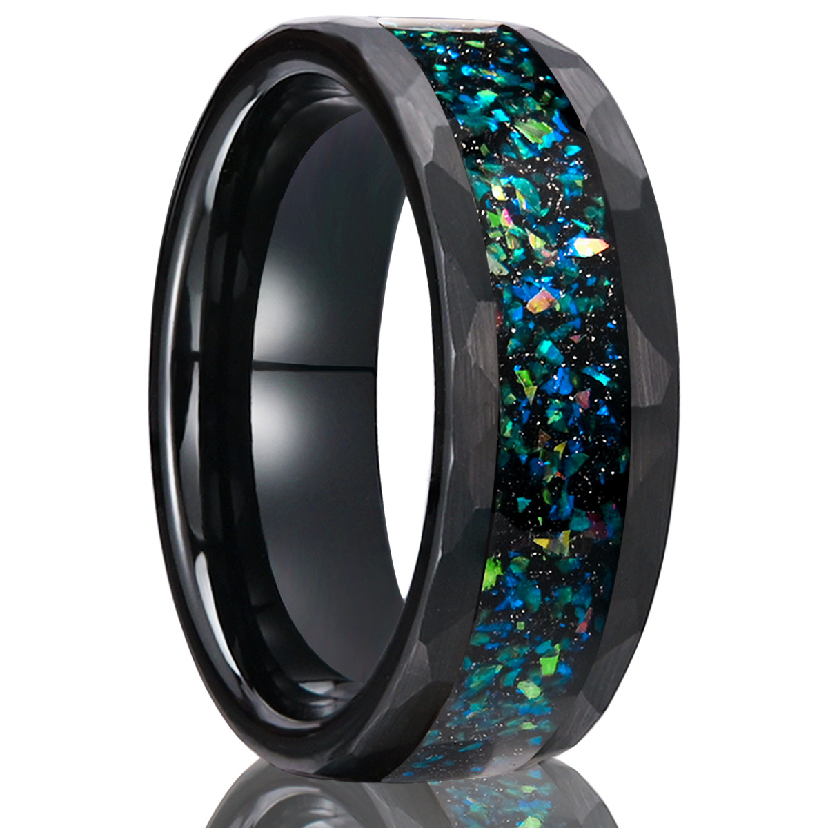 8mm black faceted band with a blue-green fragment-pattern center in black with blue and green inlay, on a white background.