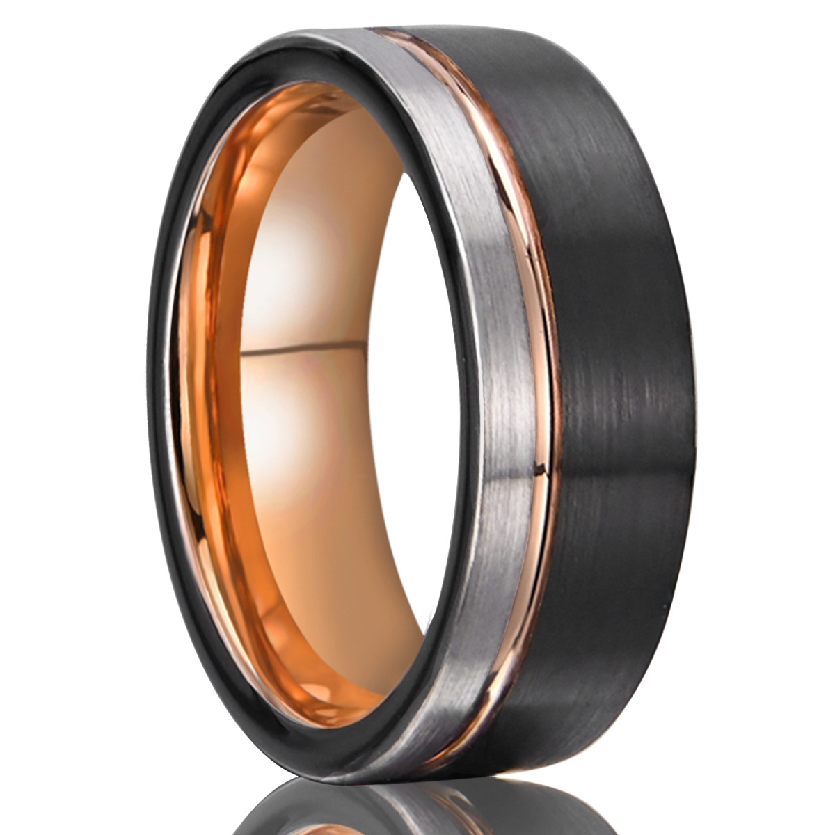 8mm brushed black band with a rose-tone line and polished interior in black and rose-gold-tone, on a white background.