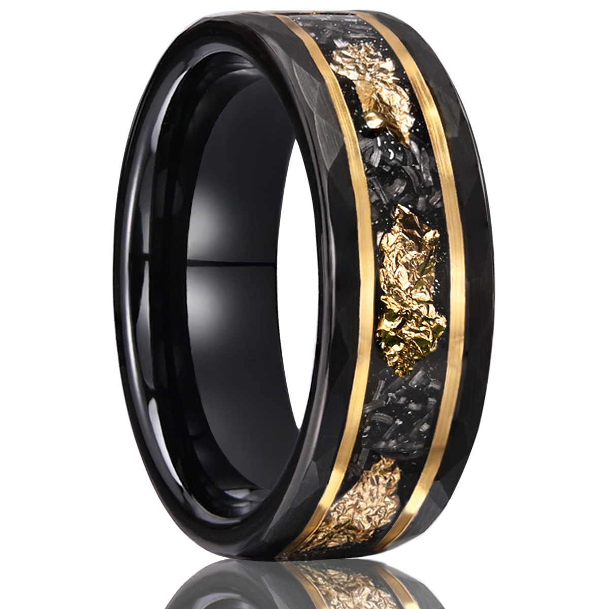8mm black band with gold-tone borders and a textured fragment inlay in black and gold-tone, on a white background.