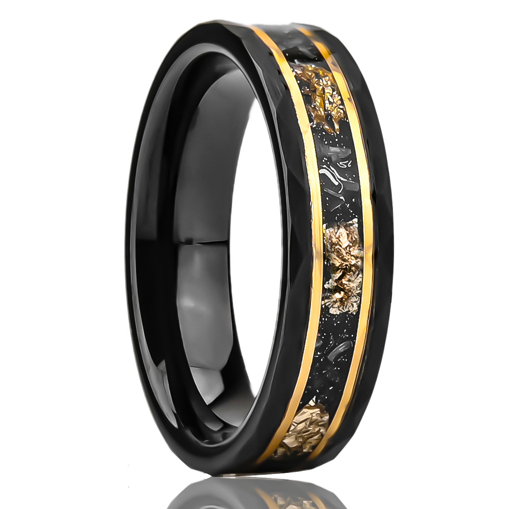 6mm black band with gold-tone borders and a textured fragment inlay in black and gold-tone, on a white background.