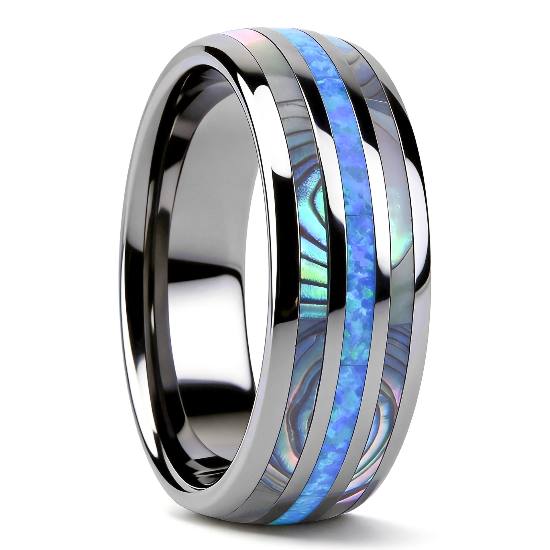 8mm polished band with three blue and iridescent inlay strips in silver-tone, blue and multicolored iridescent tones, on a white background.