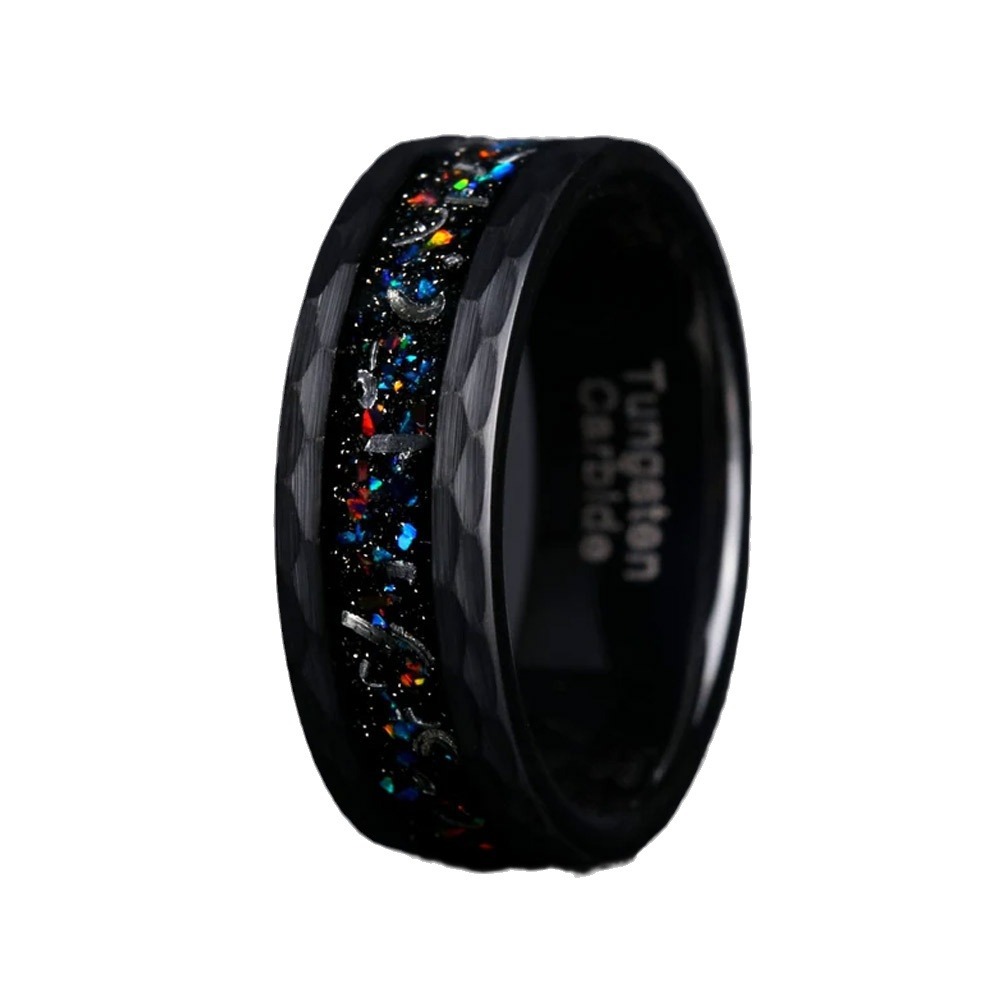 8mm hammered band with a multicolored center inlay in black with multicolored inlay, on a white background.