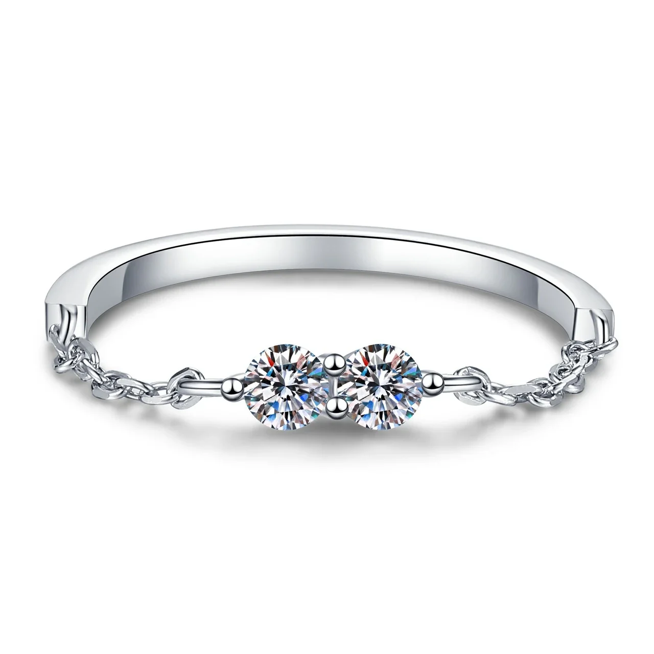 Delicate Twin Round Moissanite Chain 925 Sterling Silver Ring