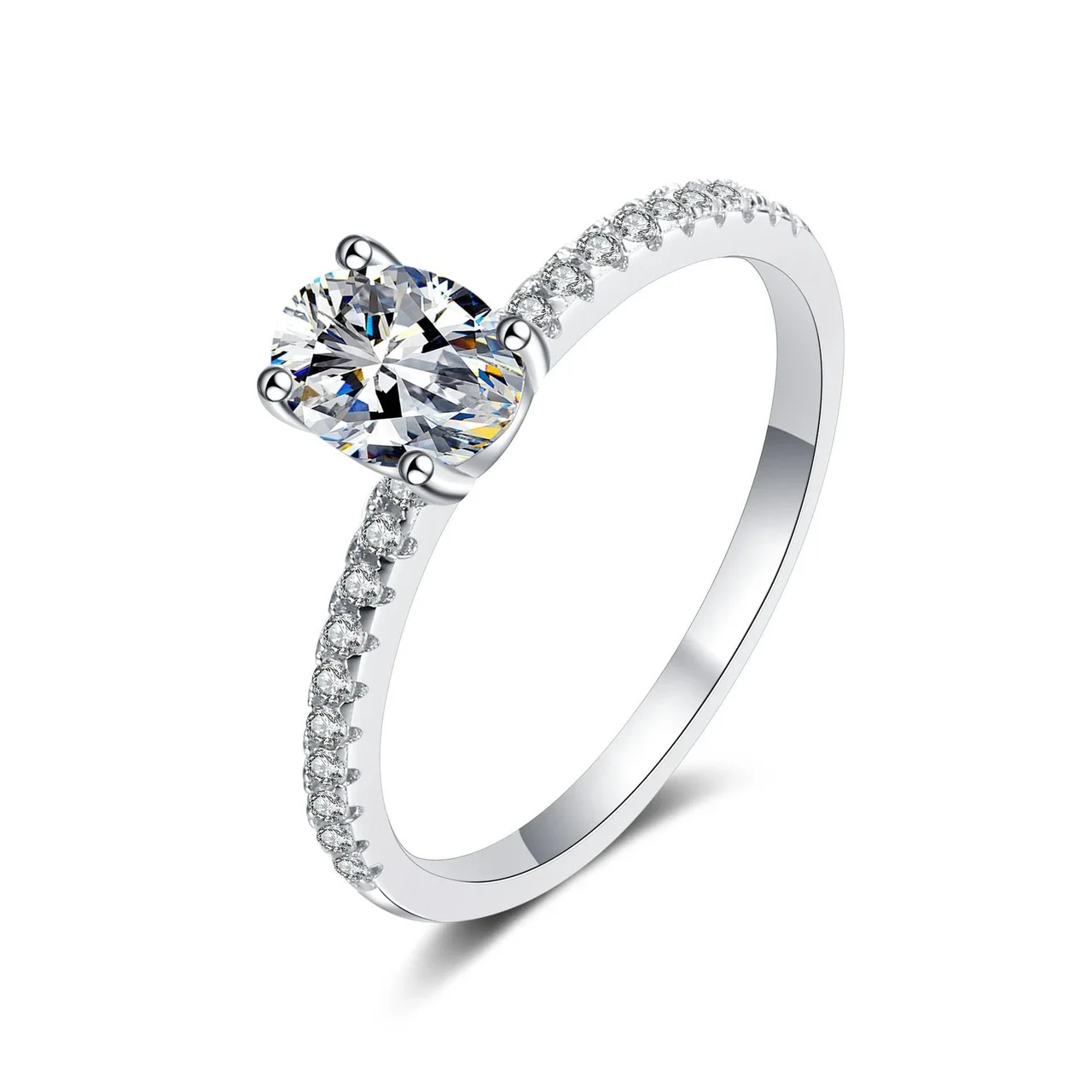 Oval Four-Prong Moissanite Pavé 925 Sterling Silver Ring