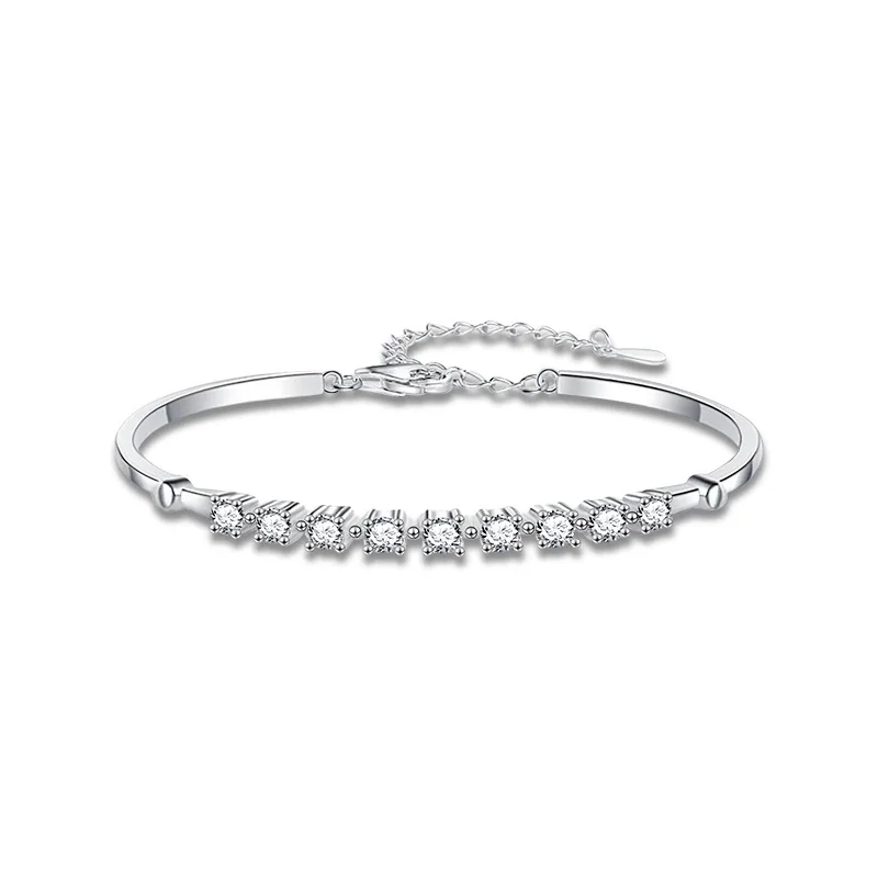 Adjustable 925 Sterling Silver Round Prong-Set Nine-Stone Bangle - Silver