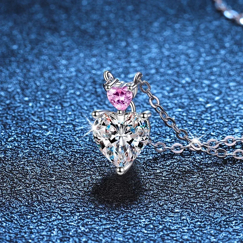 Dainty Double Heart Prong Moissanite 925 Sterling Silver Necklace - 1 ct Moissanite