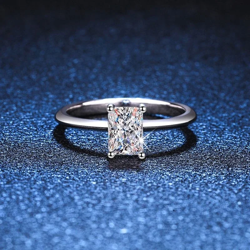 Refined Emerald-Cut Prong-Set 925 Sterling Silver Ring - Radiant-Cut Moissanite