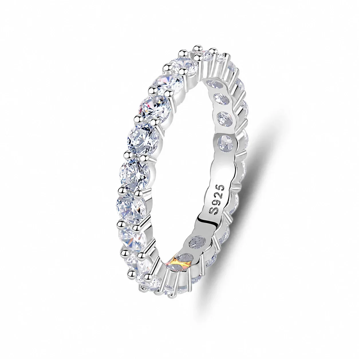 Radiant 925 Sterling Silver Round Prong-Set Moissanite Eternity Ring - Silver Moissanite