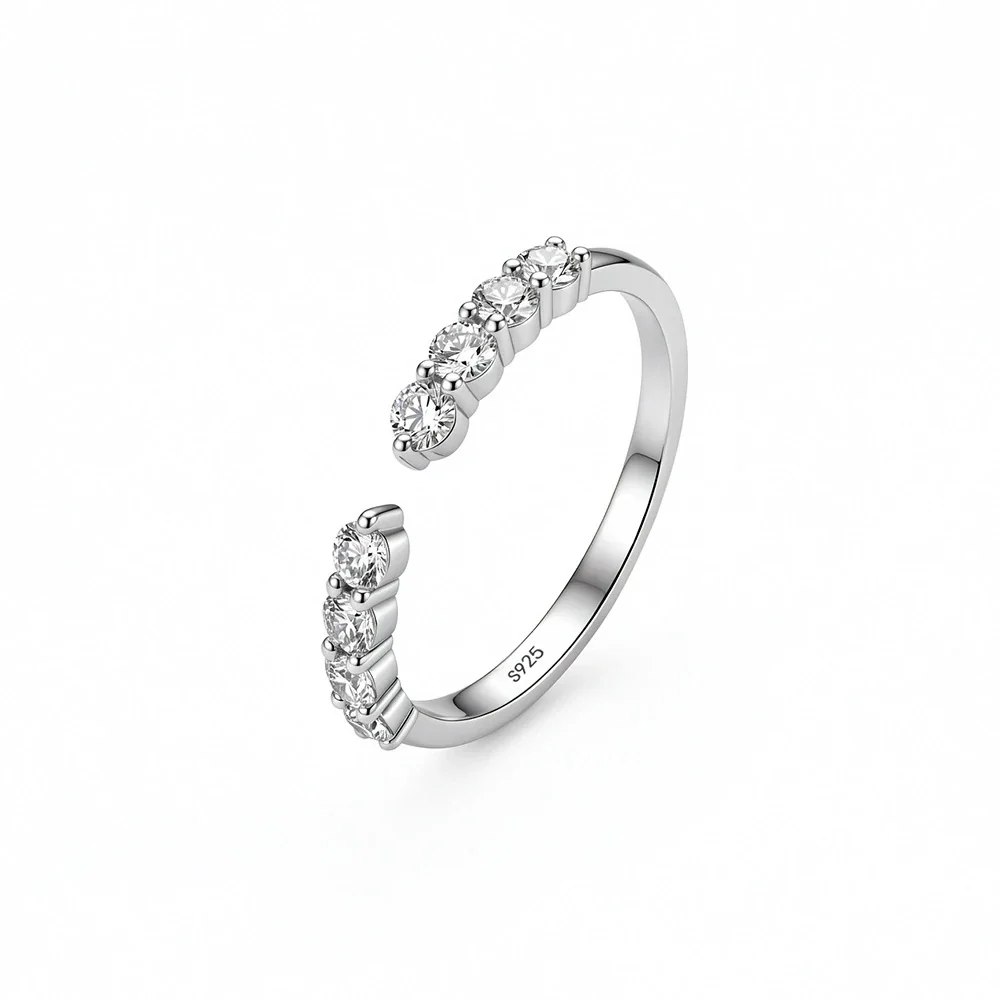 Polished 925 Sterling Silver Open-Front Round Moissanite Ring - Silver