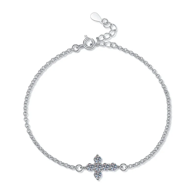 Delicate 925 Sterling Silver Cross Moissanite Chain Bracelet