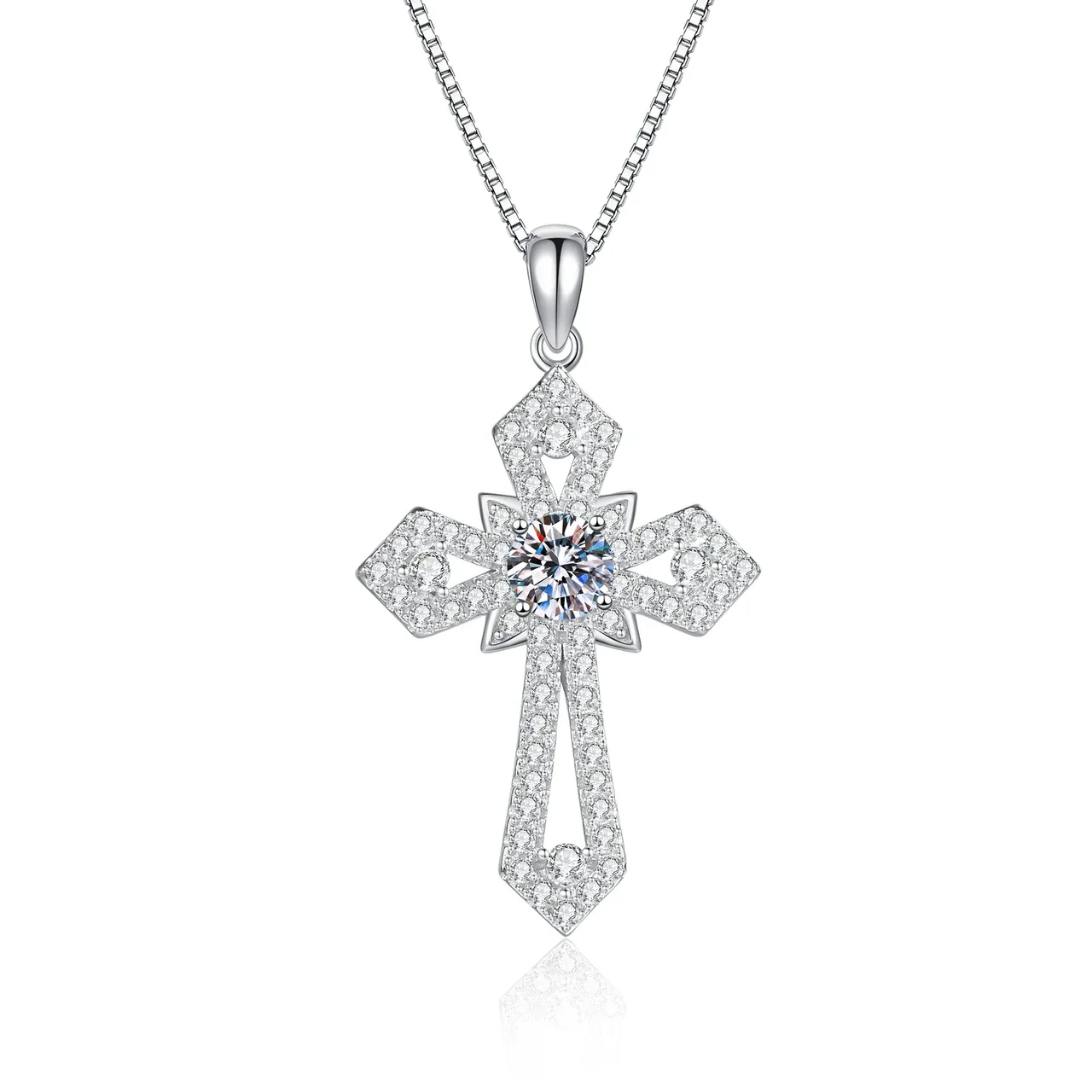 Ornate Pavé Cross 925 Sterling Silver Moissanite Necklace