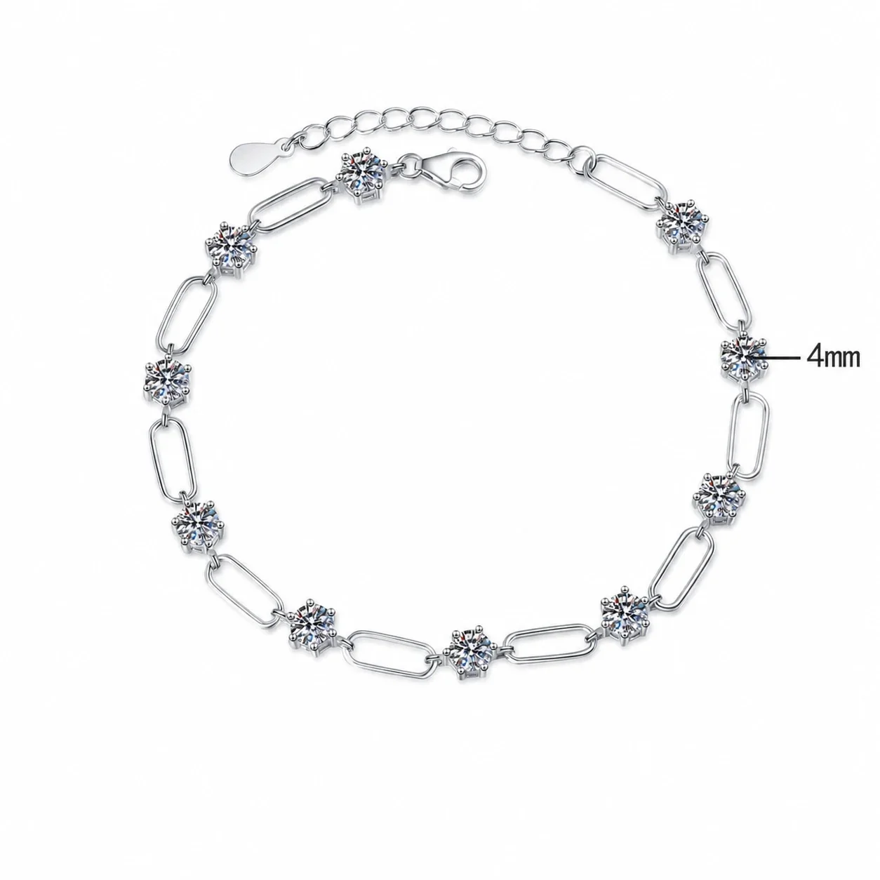Delicate Polished Paperclip Round Moissanite Bracelet - 3 ct Moissanite