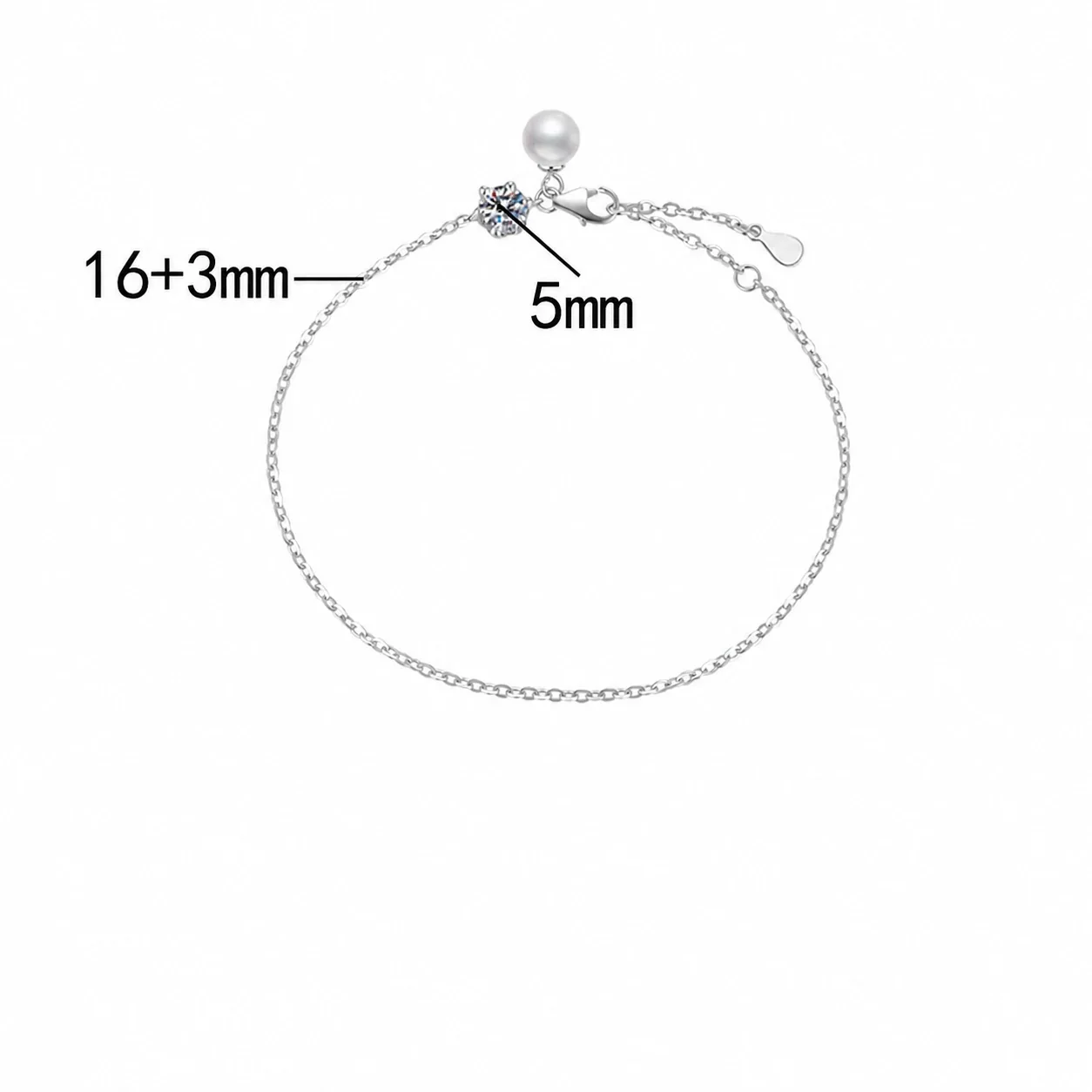 Delicate 925 Sterling Silver Round Moissanite Pearl Charm Bracelet - 0.5 ct Moissanite