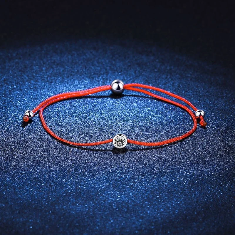 Lucky Red Cord Bezel Moissanite 925 Sterling Silver Bracelet - Silver