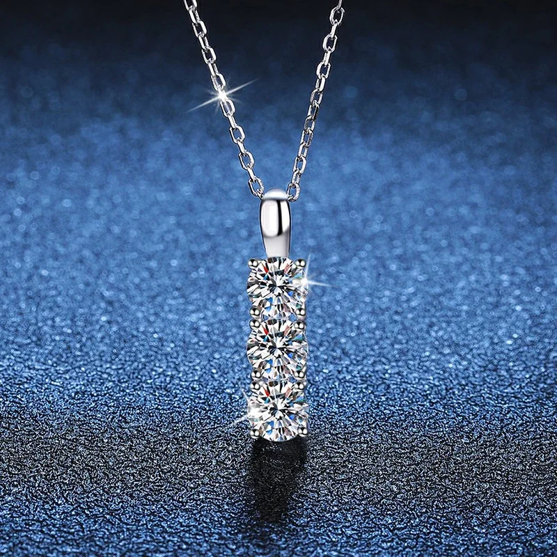Refined 925 Sterling Silver Three-Stone Prong Pendant Necklace - 1.5 ct Moissanite