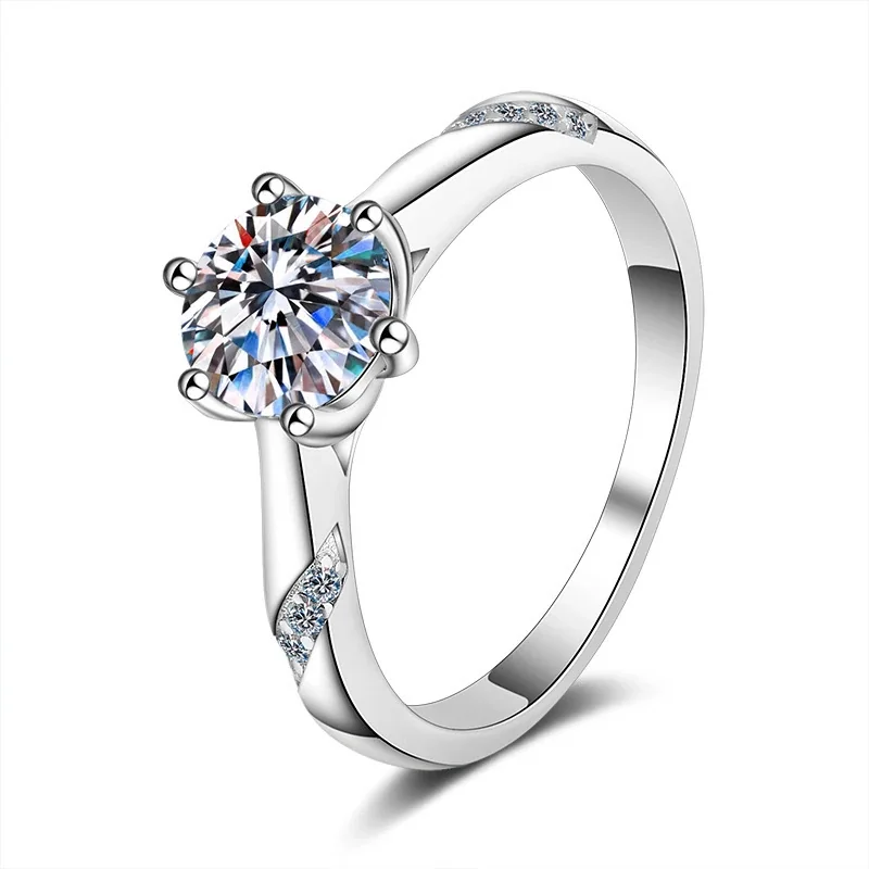 Refined 925 sterling silver six-prong round moissanite ring